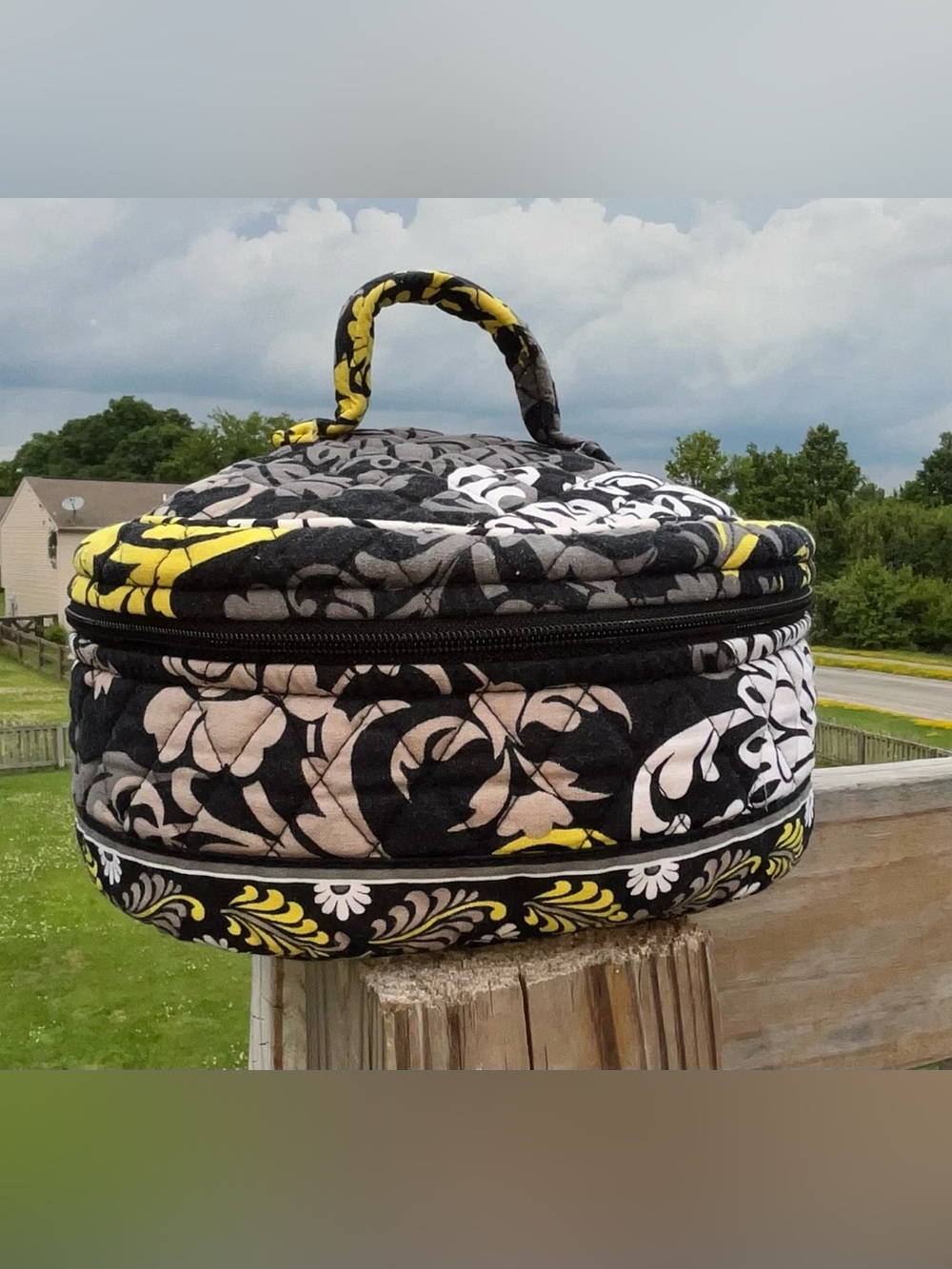Vera Bradley cosmetic bag discontinued "Baroque" pattern, black, grey & yellow